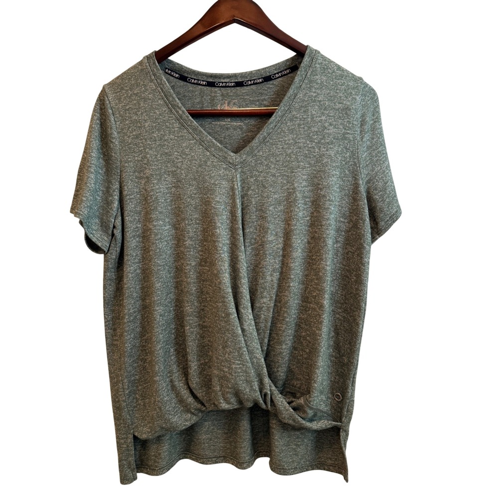 Calvin Klein Top Womens L Green Heather V-Neck Twist Front Faux Wrap High-Low